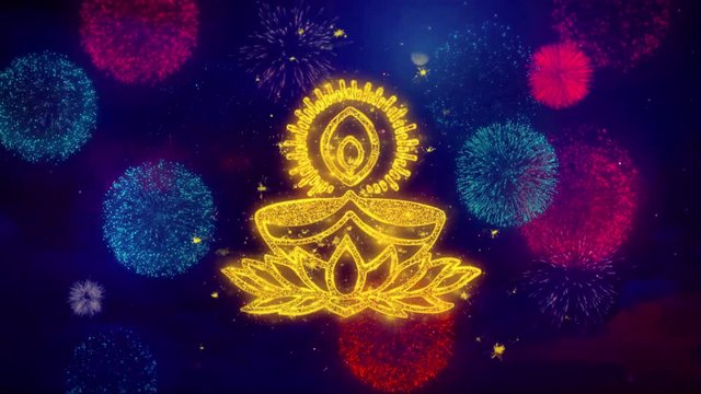 Deepak Diya Lamp Greeting Text with Particles and Sparks Colored Bokeh Fireworks Display 4K Background Symbol Element Sign