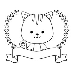 cute cat with ribbon and branches of leafs