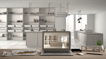 Architect designer desktop concept, laptop on wooden work desk with screen showing interior design project, blueprint draft background, modern white kitchen with wooden details