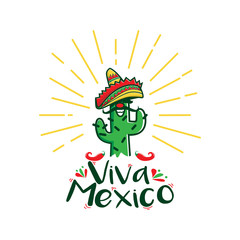 Viva Mexico Cactus Character With Traditional Mexico Hat