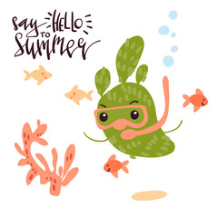 Hand drawn vector illustration of happy cartoon cute cactus diving underwater in minimal flat style isolated on white with handwritten lettering element Say Hello To Summer.
