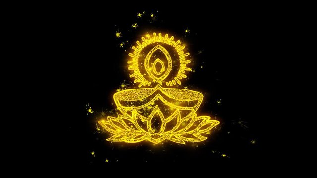 Deepak Diya Lamp Typography Written with Golden Particles Sparks Fireworks Display 4K Background Symbol Element Sign