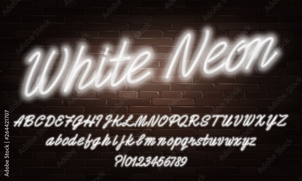 Fototapete white neon script alphabet font. neon color lowercase and uppercase bright letters and numbers. stoc