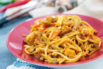 Vegetable noodles with chicken meat preparation