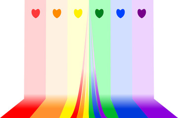 Colorful rainbow stripes with hearts on top, LGBT colors. Vector illustration. Can be used as background, backdrop, image montage in graphic design, book cover, flyer, brochure, advertising material, 