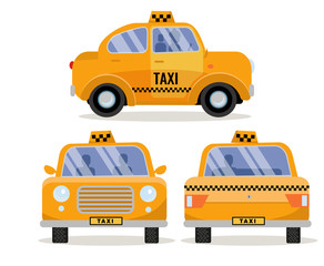 Set of 3 Front, back and side views of Taxi Car. Yellow funny cute city vehicle, branding taxicab. Collection of 3 Diverse views. Vector flat cartoon isolated illustration On White Background