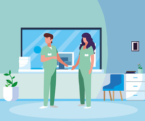 couple medicine workers in hospital reception
