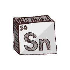 Vector three-dimensional hand drawn chemical gray silver symbol of metal tin with an abbreviation Sn from the periodic table of the elements isolated on a white background.