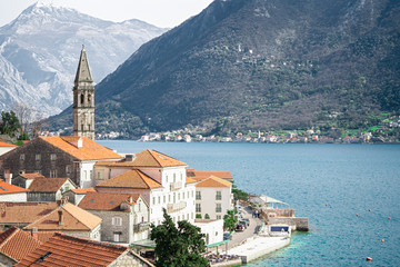 Scenic panorama view of the historic town of Perast, Kotor. Montenegro