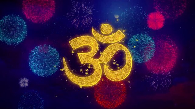 Om or Aum Shiva Greeting Text with Particles and Sparks Colored Bokeh Fireworks Display 4K Background Symbol Element Sign