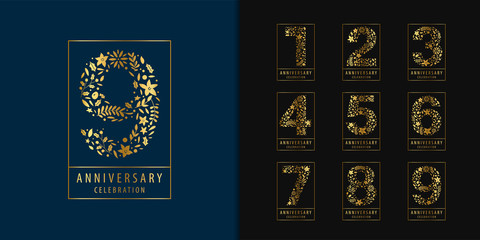 Set of anniversary logotype. Golden anniversary celebration with flower and leaves design for company profile, leaflet, magazine, brochure, invitation or greeting card.