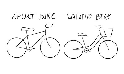 Lineart bicycle. Digital illustration black line icon on white background. For navigation, bicycles for rent, shop bike, transport sign. With hand font text. Walking bike with a basket,sport bike