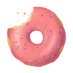 Digital illustration. Donut isolated on tte white background. Cute donut with pink glaze and decorative sprinkles. Bitten.