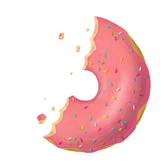 Digital illustration. Donut isolated on tte white background. Cute donut with pink glaze and decorative sprinkles. Bitten.