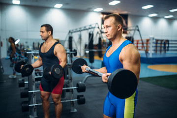 Strong male athletes works with weights in gym