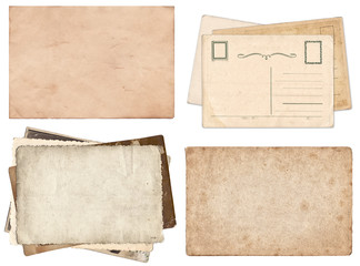 Set of various Old papers and postcards with scratches and stains texture isolated