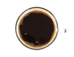 Closeup glass of americano hot coffee isolated on white background