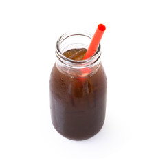 Ice of americano in glass bottle isolated on white background