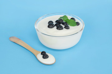 Close up yogurt with fresh blueberries  fruit in glass bowl  on blue background