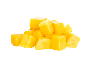 Closeup ripe mango tropical fruit with slice isolated on white background
