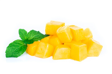 Closeup ripe mango tropical fruit with slice isolated on white background