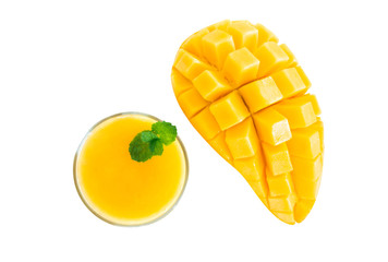 Closeup ripe mango tropical fruit with slice isolated on white background