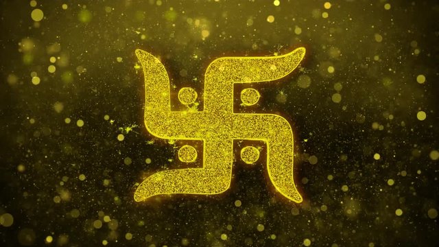 Swastika Symbol Element Sign Greetings card Abstract Blinking Golden Sparkles Glitter Firework Particle Looped Background.