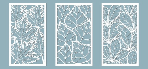 Set. Leaves, Maple, chestnut, birch. Templates in the form of rectangle. Abstract rectangle. Vector illustration of a laser cutting. Plotter cutting and screen printing.