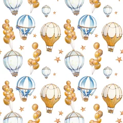 Rucksack Aquarell festliches nahtloses Muster. Handgemaltes Vintage-Wllpaper-Design mit Flaggengirlanden, Heißluftballon auf weißem Hintergrund. Oberflächendesign mit Babymotiv © ldinka
