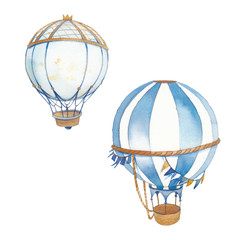 Mix media illustratie set hete lucht ballons. Handgeschilderde objecten geïsoleerd op een witte achtergrond. Baby jongen retro illustraties