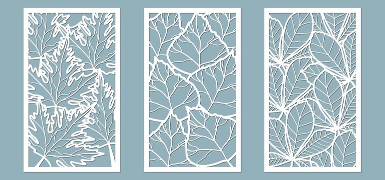 Set. Leaves, Maple, chestnut, birch. Templates in the form of rectangle. Abstract rectangle. Vector illustration of a laser cutting. Plotter cutting and screen printing.