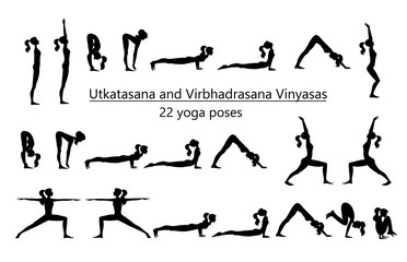 Set of vector silhouettes of woman doing yoga exercises. Icons of flexible girl stretching her body in different yoga poses. Black shapes of woman isolated on white background.