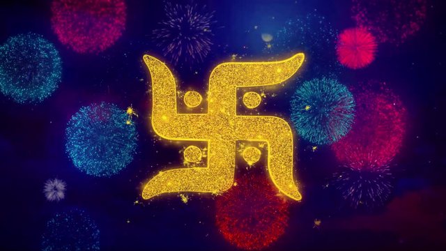 Swastika Symbol Greeting Text with Particles and Sparks Colored Bokeh Fireworks Display 4K Background Symbol Element Sign