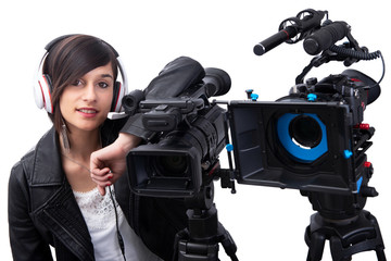 young woman with professional video camera, on white