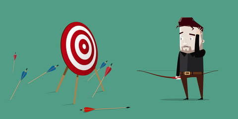 Man is distressed because not one arrow hits the target: goal not achieved