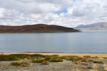 Great lakes of Tibet. Lake Rakshas Tal (Langa-TSO) in summer in cloudy day