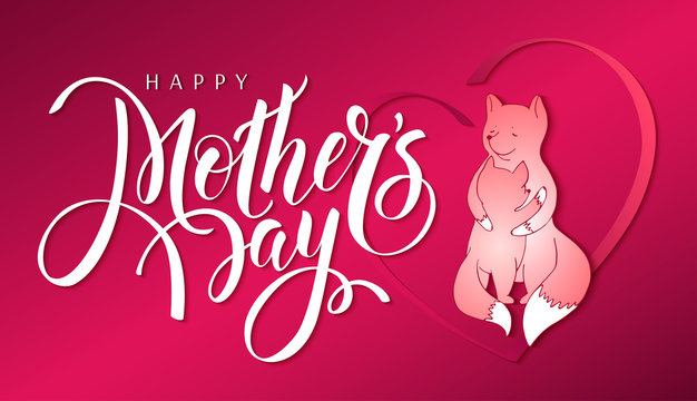 Happy Mother's Day - white hand drawn lettering on horizontal greeting card, banner, poster. Paper cut out cartoon hugging mother fox with little fox in heart on red background - vector illustration.