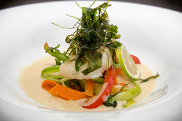 gourmet dish with fish fillet, with greens, peppers and lime. 
