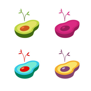 Avocado flat. Sprouting plant. Healthy food. Nature. Life in the plant. Isometric avocado. Set of colorful avocados