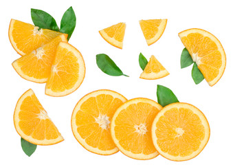 Fototapeta na wymiar Slices of oranges with leaves isolated on white background. Flat lay, top view