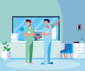 male medicine workers in hospital reception