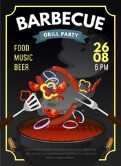 BBQ party design template with grilled sausages and vegetables. Grill time poster. Vector illustration