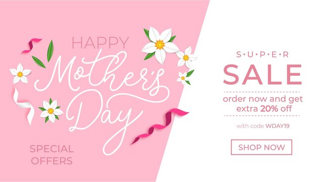 Mother's day promotion banner design template. Mother's day sale concept with ribbons and flowers. Vector illustration