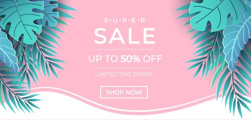 Summer sale banner in trendy style with pink and blue colors for promotion of cosmetic, fashion, accessorize etc. Modern summer sale banner template. Vector illustration