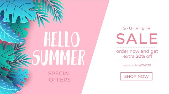 Summer sale tropical banner. Hello summer lettering with paper exotic leaves and sale promotion text. Vector sale illustration template
