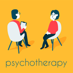 Psychotherapy counseling concept. Psychologist man and young woman patient in therapy session. Treatment of stress, addictions and mental problems.