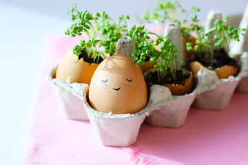 The fresh green grass growing in an egg shell with the funny persons drawn on it. The idea of...