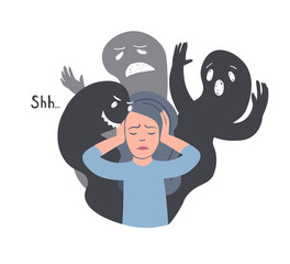 Dissociative Identity Disorder vector illustration. Woman with other faces silhouettes. Split Personality Disorder, Borderline Disorder, Schizophrenia. Mental illness. voices in the head