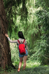 Naklejka na ściany i meble Traveler woman with backpack walking in the forest