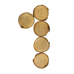 font of number 1 wooden stumps, white background isolated